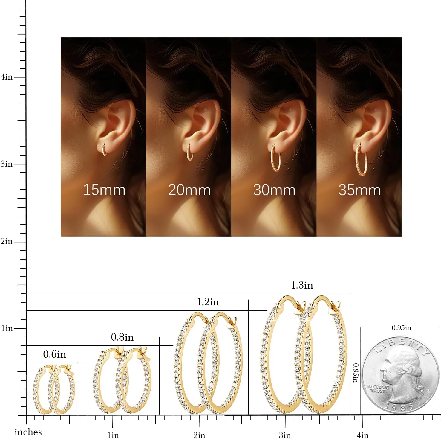 Gold Hoop Earrings 14K Gold Hoop Earrings for Women with Dual-sided Cubic Zirconia Hoops Earring for Women Sensitive Ears Hypoallergenic Womens earring 15/20/30/35mm