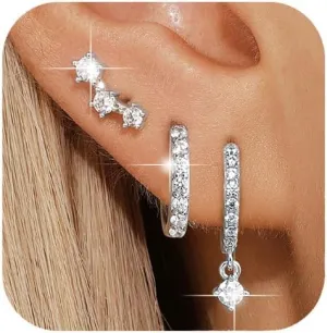 Gold Hoop Earrings Set for Women,Dainty14K Gold Plated Crawler Earring Stacks,Sterling Silver Lightweight Cartilage Stackable Earring Stack,Dangle Hoop Earrings Sets For Multiple Piercing Jewelry