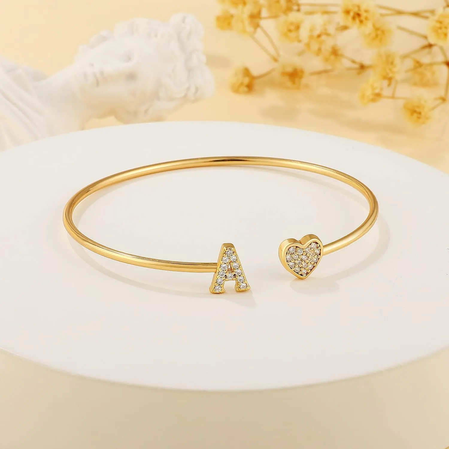 Gold Initial Bracelets for Women Girls, 14K Gold Plated Gold Bangle Bracelets for Women Girls Dainty Gold Initial Bracelets Heart Bracelets for Women Girls Bridesmaids Bracelets Gifts
