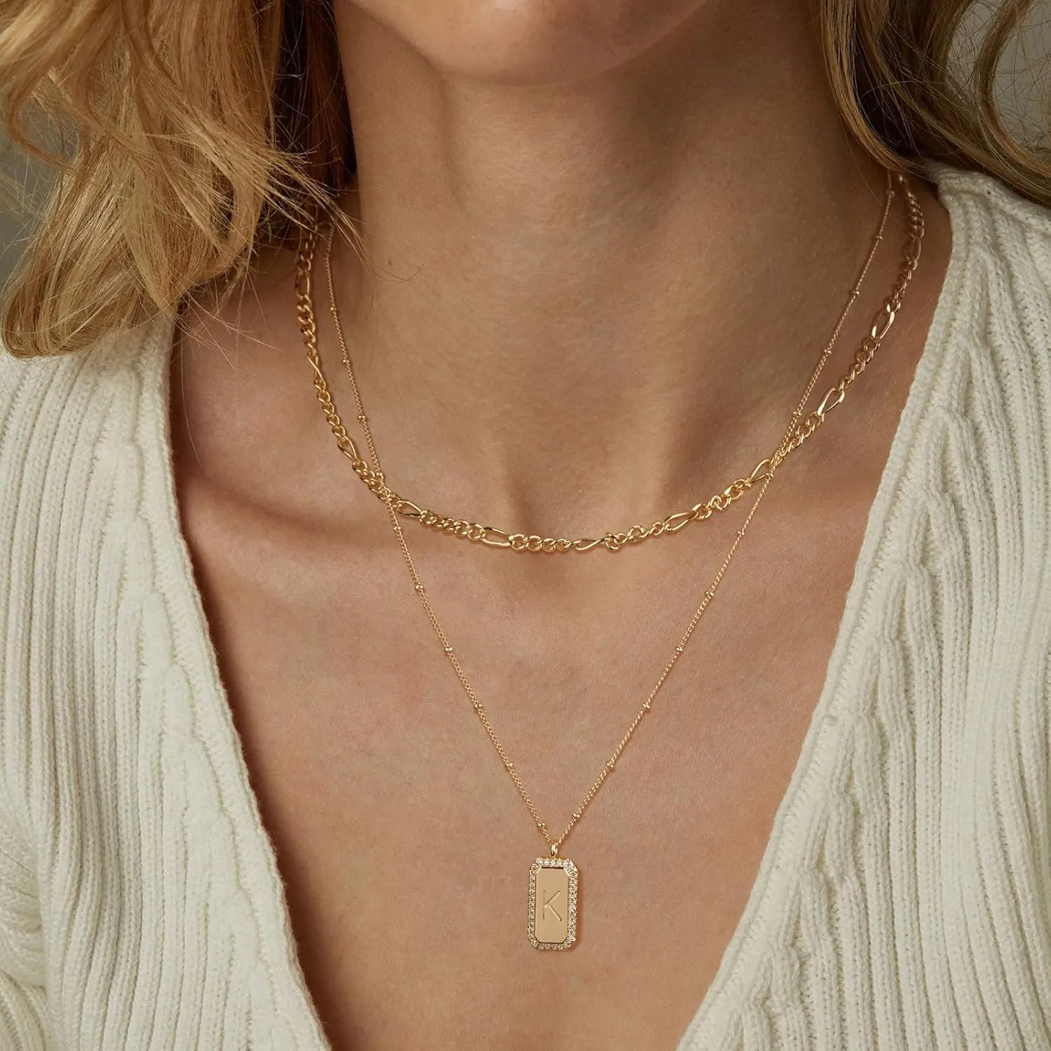 Gold Initial Necklace for Women 14K Gold Plated Figaro Chain Choker Layered Necklaces Set Bar Rectangle Pendant Necklaces Simple Dainty Letter Necklace Everyday Gold Jewelry