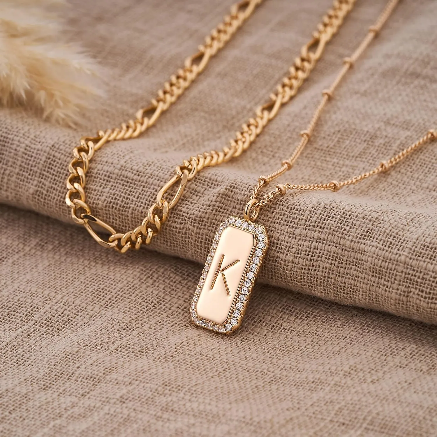 Gold Initial Necklace for Women 14K Gold Plated Figaro Chain Choker Layered Necklaces Set Bar Rectangle Pendant Necklaces Simple Dainty Letter Necklace Everyday Gold Jewelry