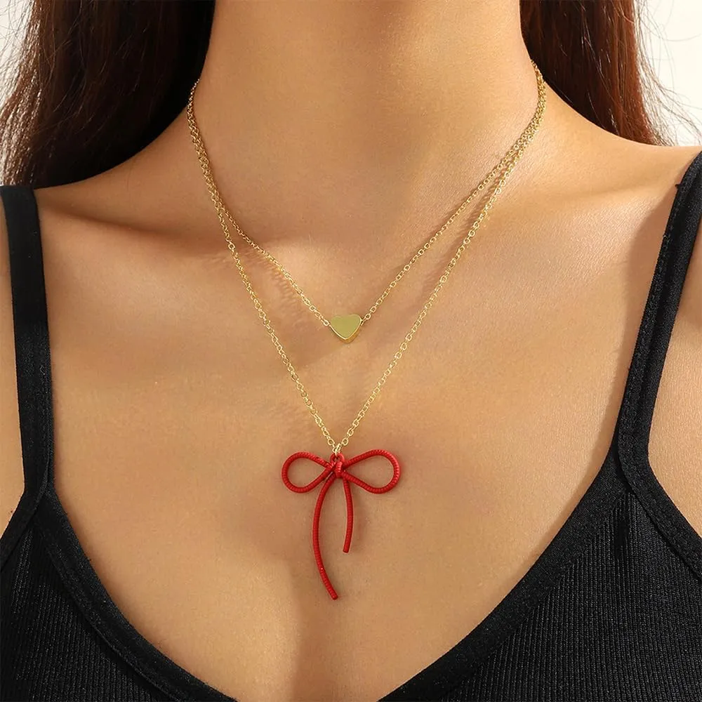 Gold Layered Bow Heart Pendant Necklaces for Women Stackable Bowknot Love Choker Necklaces Adjustable Ribbon Bow Necklaces Christmas Jewelry Gift
