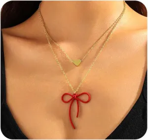 Gold Layered Bow Heart Pendant Necklaces for Women Stackable Bowknot Love Choker Necklaces Adjustable Ribbon Bow Necklaces Christmas Jewelry Gift