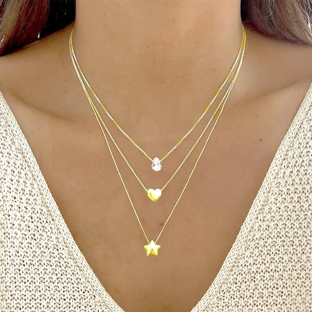 Gold Layered Heart Star Necklaces Set for Women Stackable Love Pentagram Choker Necklaces Simple CZ Waterdrop Pendant Necklaces Jewelry Accessories