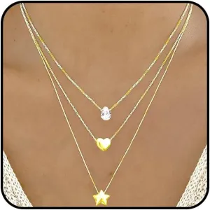 Gold Layered Heart Star Necklaces Set for Women Stackable Love Pentagram Choker Necklaces Simple CZ Waterdrop Pendant Necklaces Jewelry Accessories
