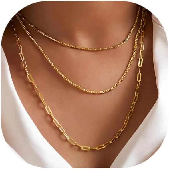 Gold Layered Necklaces for Women, 14K Gold Plated Dainty Gold Chain Choker Necklace Stack, Herringbone Gold Necklaces Set