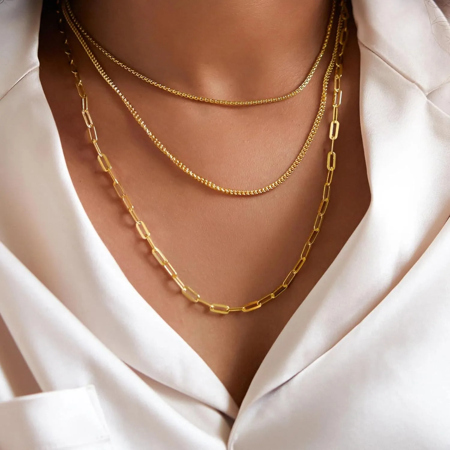 Gold Layered Necklaces for Women, 14K Gold Plated Dainty Gold Chain Choker Necklace Stack, Herringbone Gold Necklaces Set