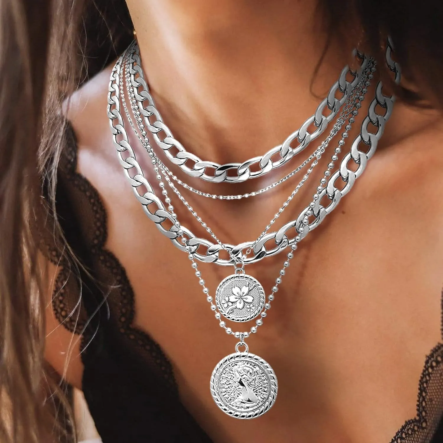 Gold Layered Necklaces for Women Chunky Choker Link Chain Trendy Retro Coin 14K Pendant Necklace Handmade Dainty Layering Poppy Lotus Rose Birth Flower Necklaces Gift