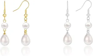 Gold Silver Pearl Earrings for Women: Trendy Silver Earrings 925 Sterling Silver Dangle Double Pearl Drop Earrings Simple Wedding Earrings Non Tarnish Jewelry for Women