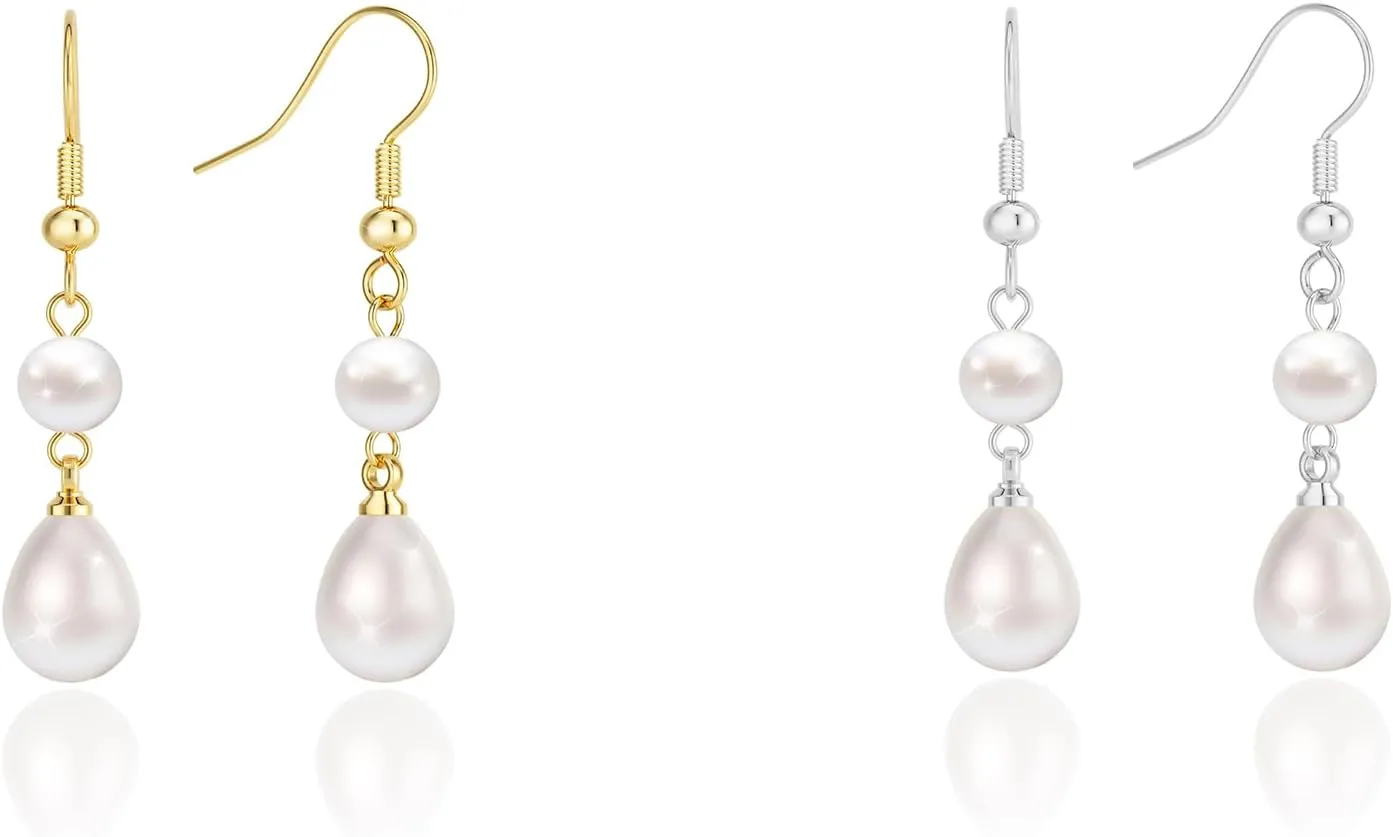 Gold Silver Pearl Earrings for Women: Trendy Silver Earrings 925 Sterling Silver Dangle Double Pearl Drop Earrings Simple Wedding Earrings Non Tarnish Jewelry for Women
