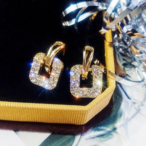 Embellished Embellishment Gold Plated BlingBling Rhinestone Square Drop Earrings