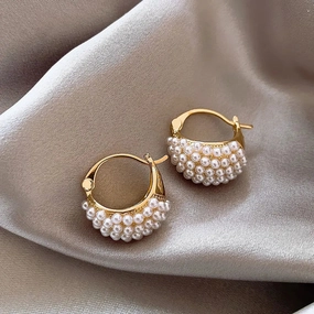 Gold Plated Luxurious Exquisite pearl basket shape Hoop Earring Avant-Garde Embellishment Business Jewelry