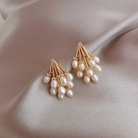 Gold Plated Pearl Grape Branch Stud Earrings Statement Ornament