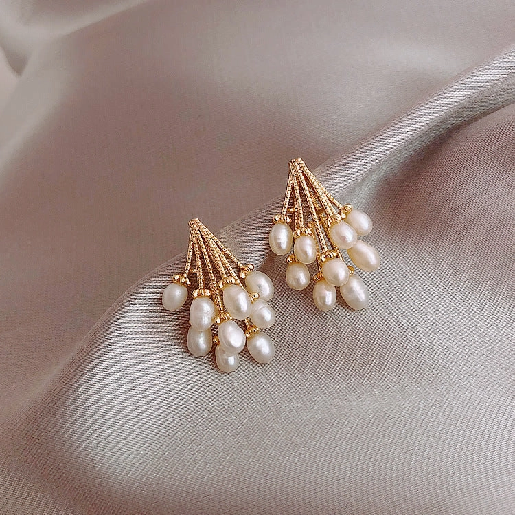 Gold Plated Pearl Grape Branch Stud Earrings Statement Ornament