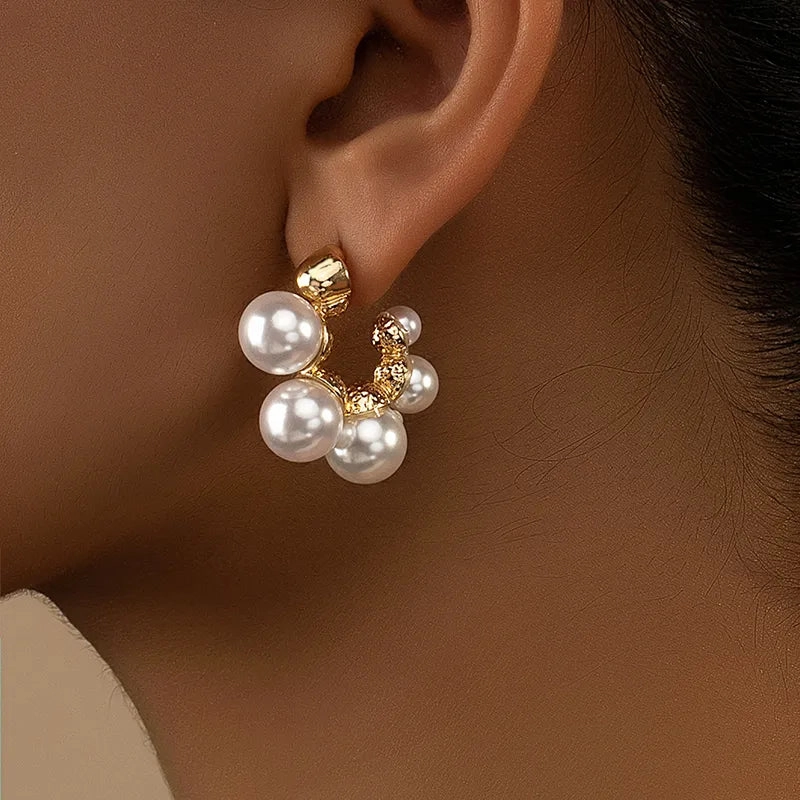 Big Item Gold Plated Retro Pearl C-shaped Hoop Earrings