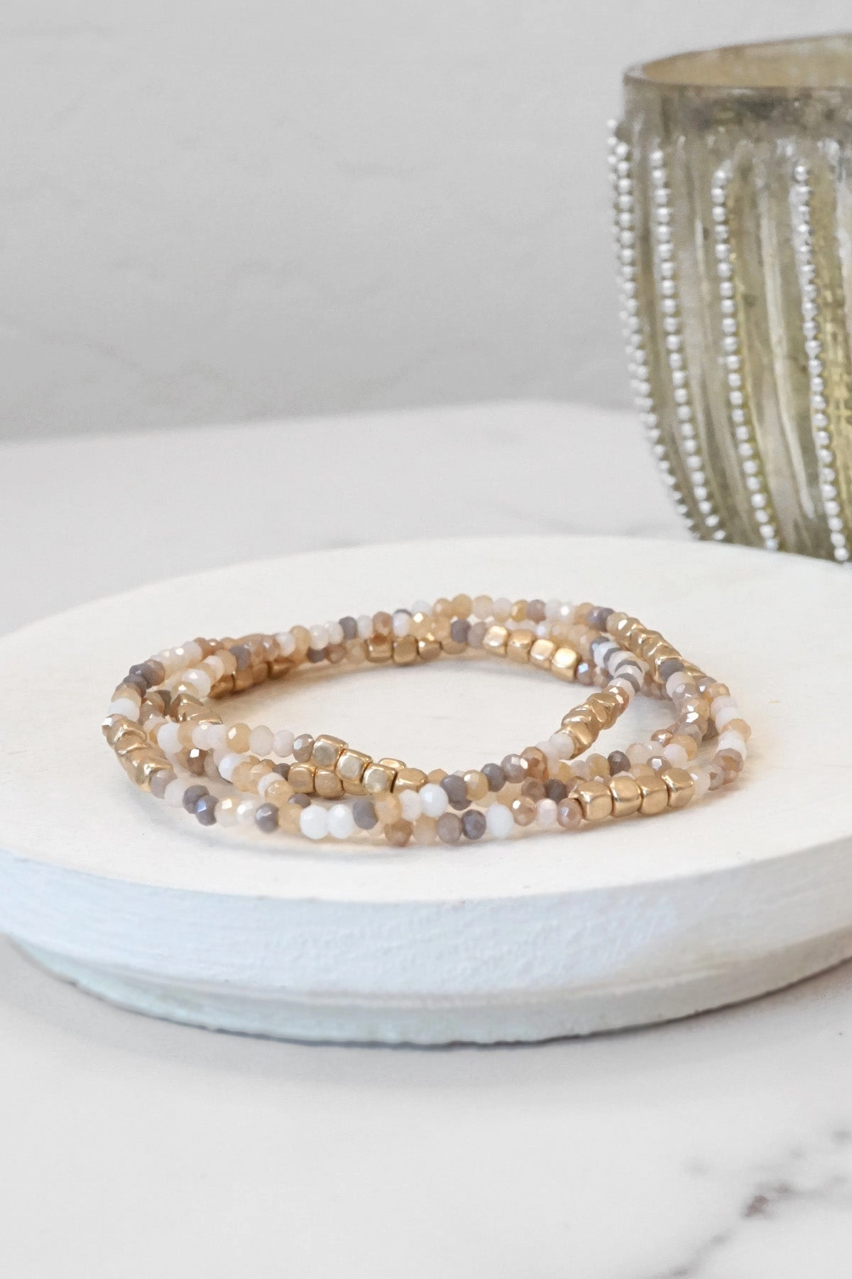 Gold tone 4 layering bracelets stack multi color glass beads Full Composites Welcoming Style