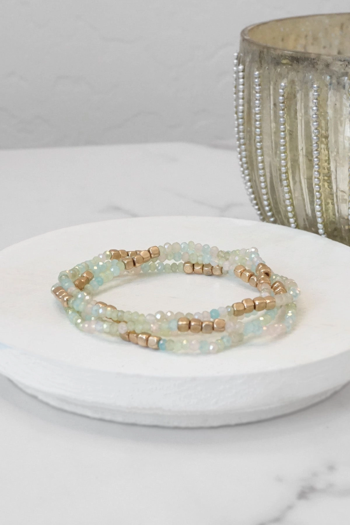 Gold tone 4 layering bracelets stack multi color glass beads Constant Glamour