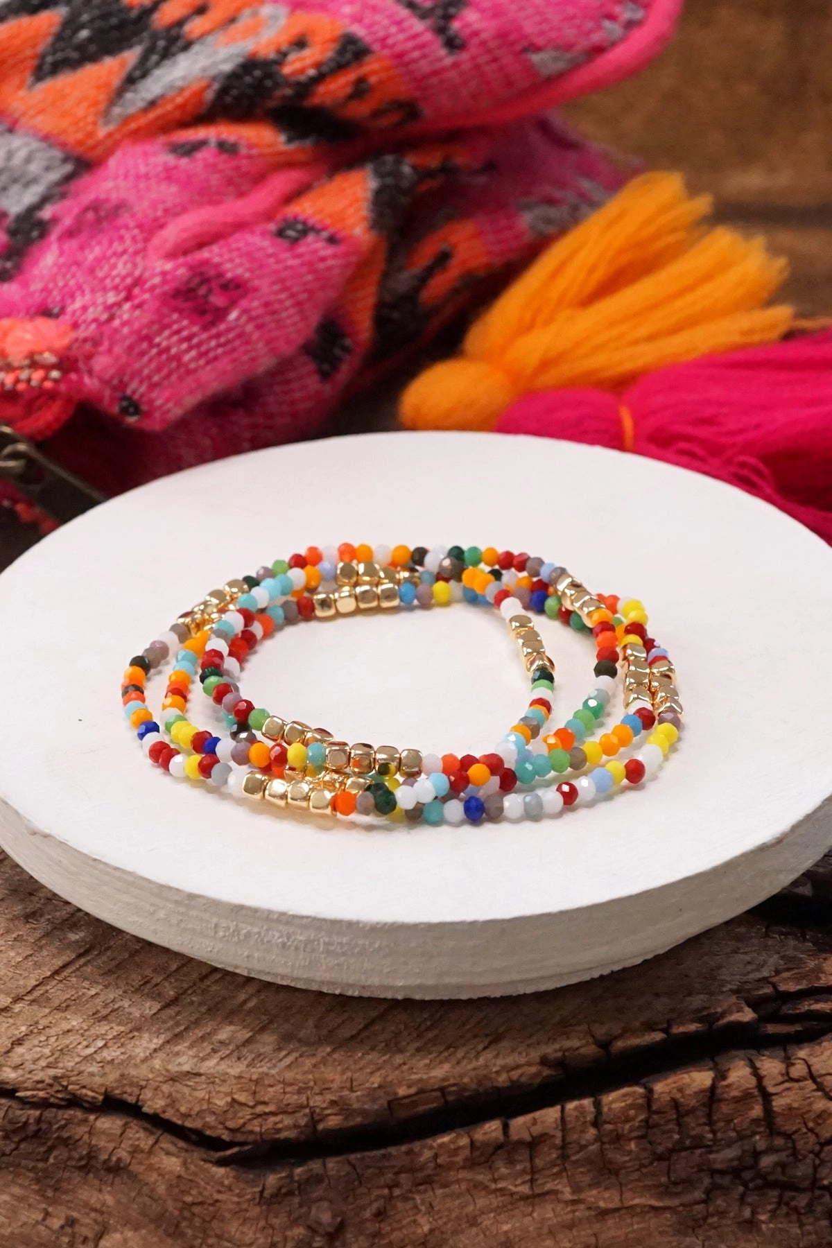 All-Inclusive Mixes Gold tone 4 layering bracelets stack multi color glass beads