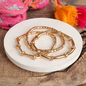 Family Connection Dependable Mixes Gold Tone Beaded bracelets set with Clear Crystals