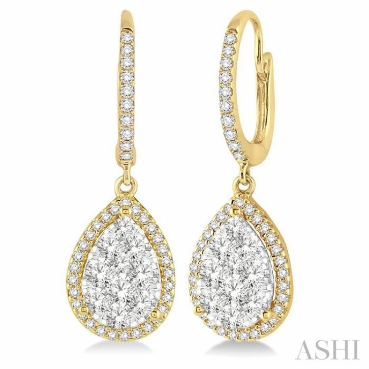 1 ctw Pear Shape Diamond Lovebright Earrings in 14K Yellow and White Gold Handmade Statement