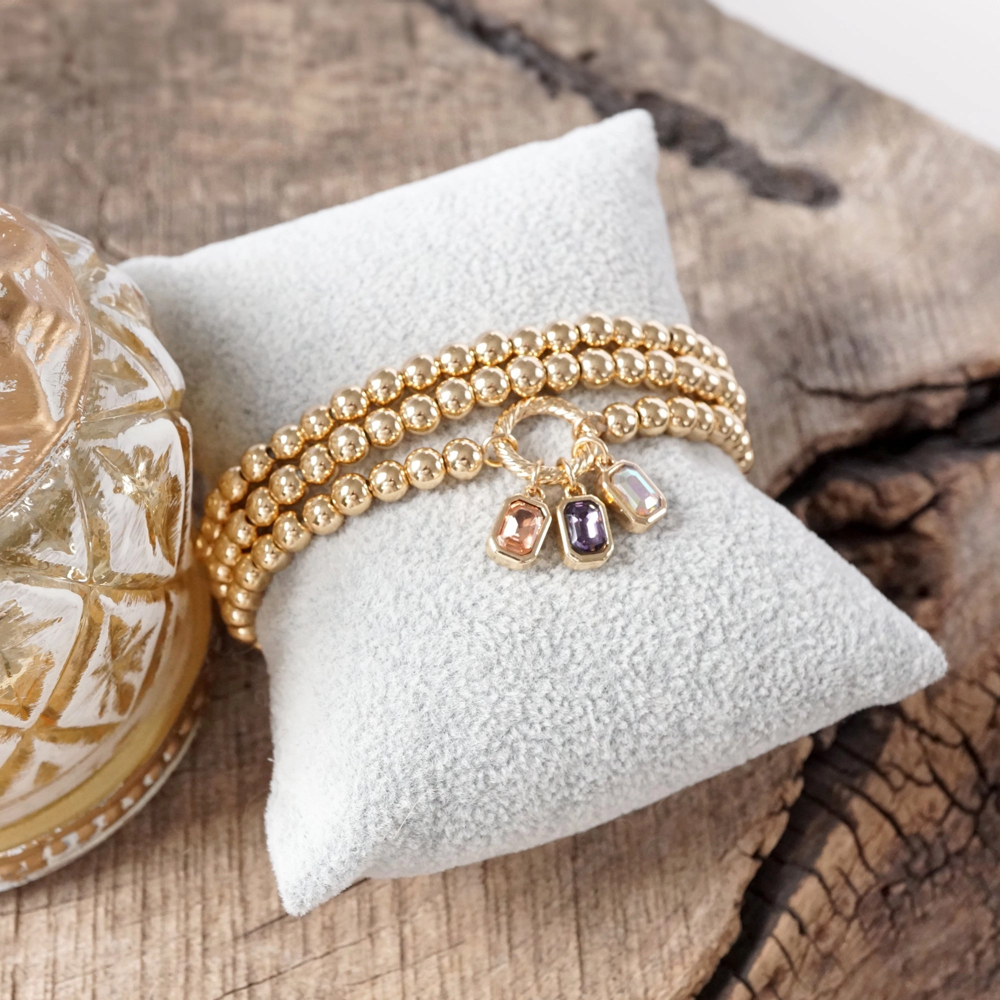 Golden Ball Beaded Stretch Bracelet Stack With Baguette Crystals ?C Clear Black Pink Earned Worth Enduring Mixes