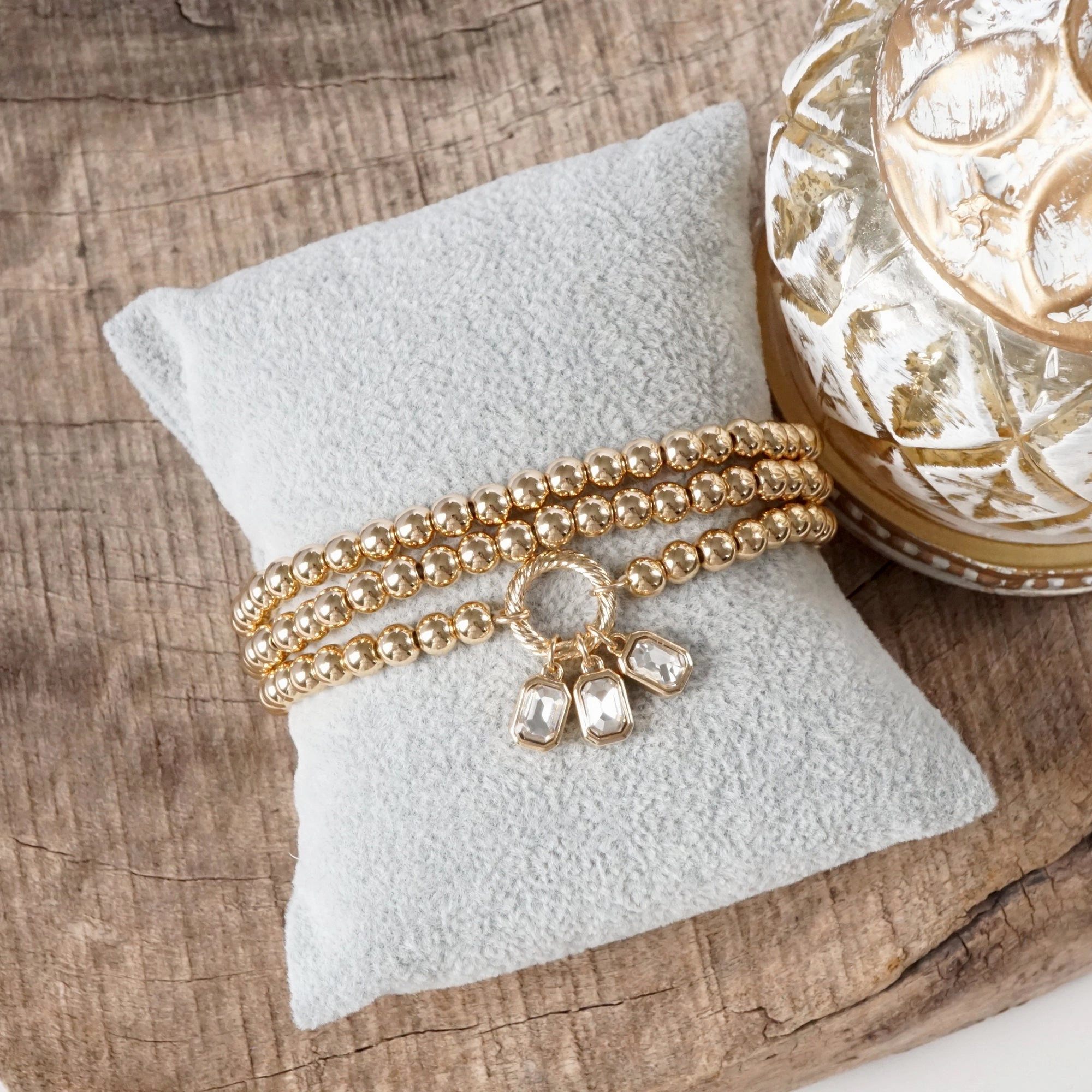 General Type Golden Ball Beaded Stretch Bracelet Stack With Baguette Crystals ?C Clear Black Pink