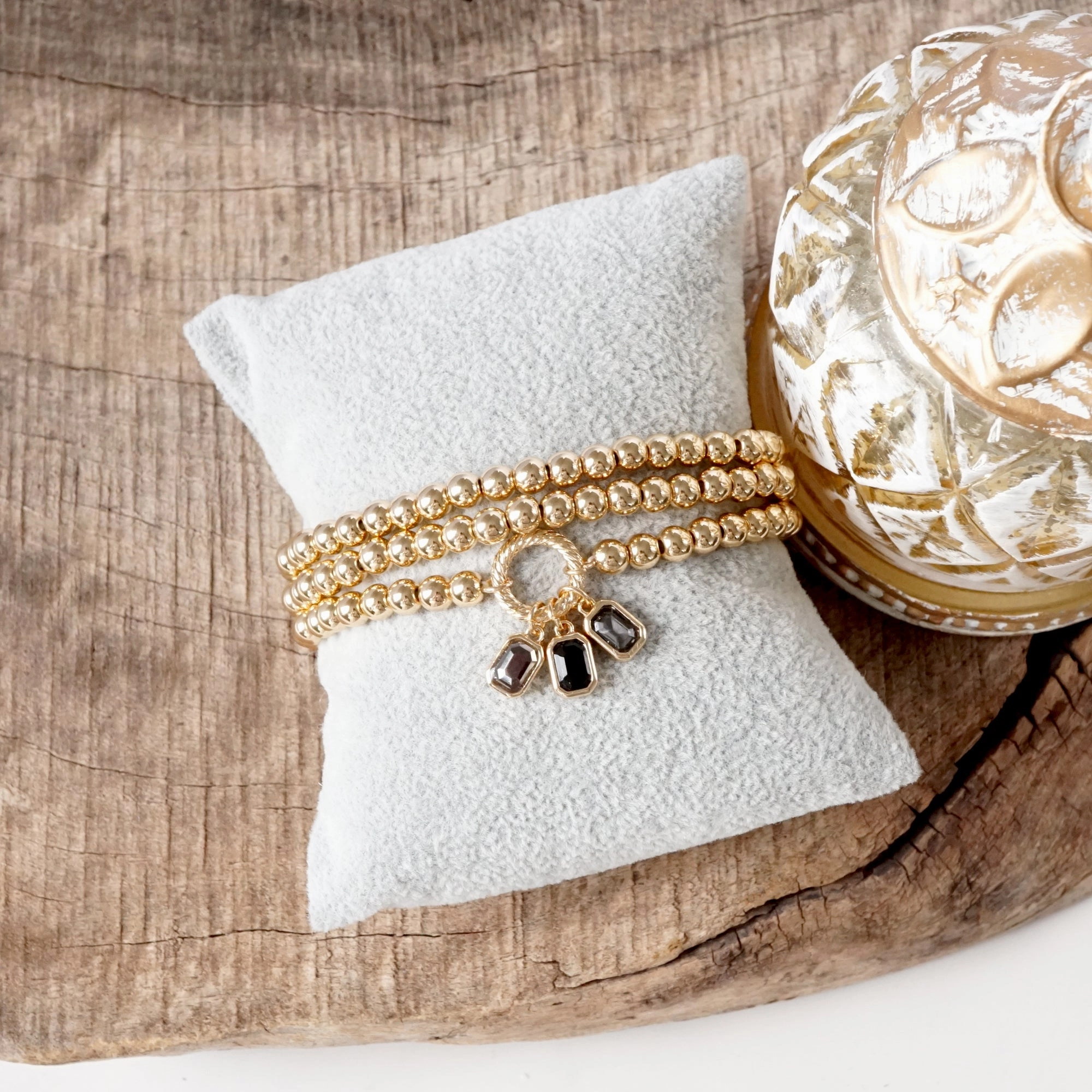 Golden Ball Beaded Stretch Bracelet Stack With Baguette Crystals ?C Clear Black Pink Serendipitous Mixes Key Accessory