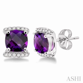 6x6 MM Cushion Shape Amethyst and 1/10 Ctw Round Cut Diamond Earrings in 14K White Gold Dynamic Shape Polished Mood