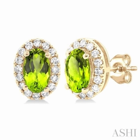 5x3 MM Oval Shape Peridot and 1/8 Ctw Single Cut Diamond Halo Semi-Precious Stud Earrings in 10K Yellow Gold Radiant Touch Light Fit