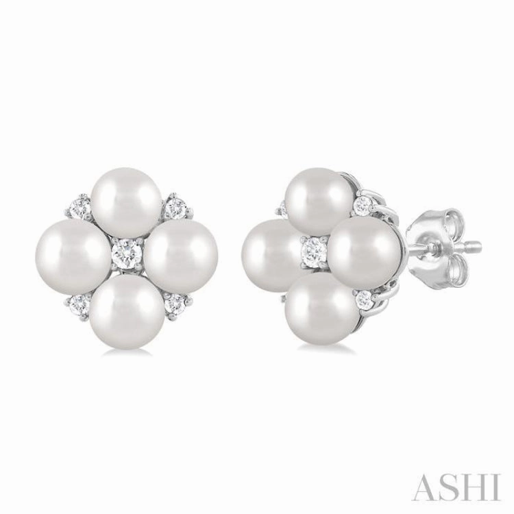 Lustrous Look Effortless Shine 4 MM Round Shape Floral Cultured Pearls and 1/10 ctw Round Cut Diamond Fashion Stud Earring in 10K White Gold