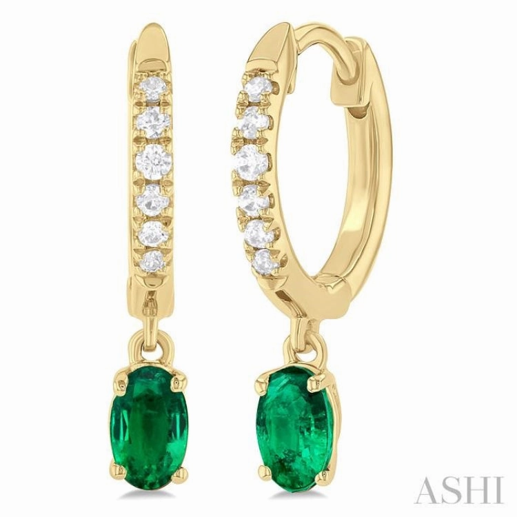 Refined Touch 5x3 MM Oval Cut Emerald and 1/8 Ctw Petite Round Cut Diamond Precious Fashion Huggies in 10K Yellow Gold