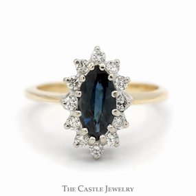 Marquise Sapphire Ring with 1/4cttw Diamond Halo in 14k Yellow Gold Secure Appearance Surprise Gift