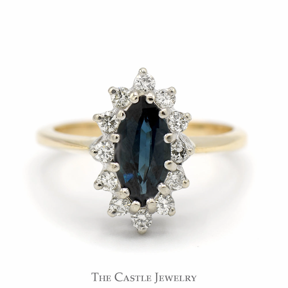 Marquise Sapphire Ring with 1/4cttw Diamond Halo in 14k Yellow Gold Secure Appearance Surprise Gift