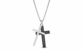 Versatile Ornament Steel Evolution Two-Tone Stainless Steel Duo Prayer Cross Charm on 28" Rolo Chain Necklace