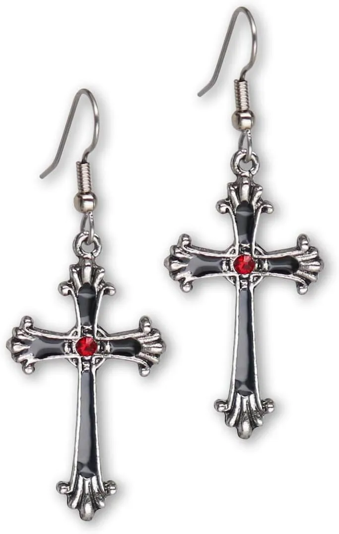 Gothic Victorian Cross Dangle Earrings with Red Austrian Crystals