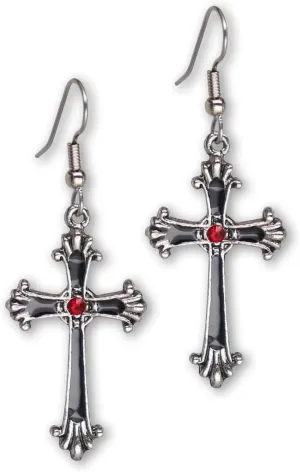 Gothic Victorian Cross Dangle Earrings with Red Austrian Crystals
