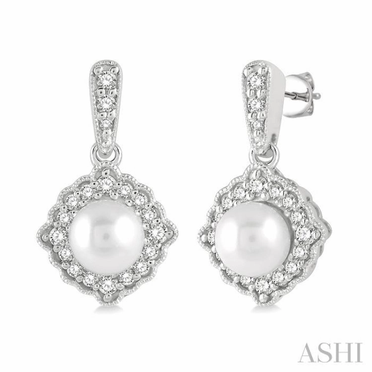 6 MM Cultured Pearl and 1/4 Ctw Round Cut Diamond Halo Earrings in 10K White Gold Premium Feel