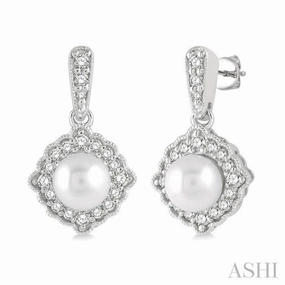 6 MM Cultured Pearl and 1/4 Ctw Round Cut Diamond Halo Earrings in 10K White Gold Premium Feel