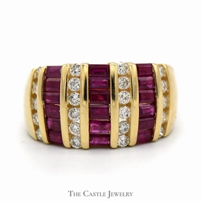 Baguette Ruby and Round Diamond Cluster Band in 14k Yellow Gold Artistic Shape