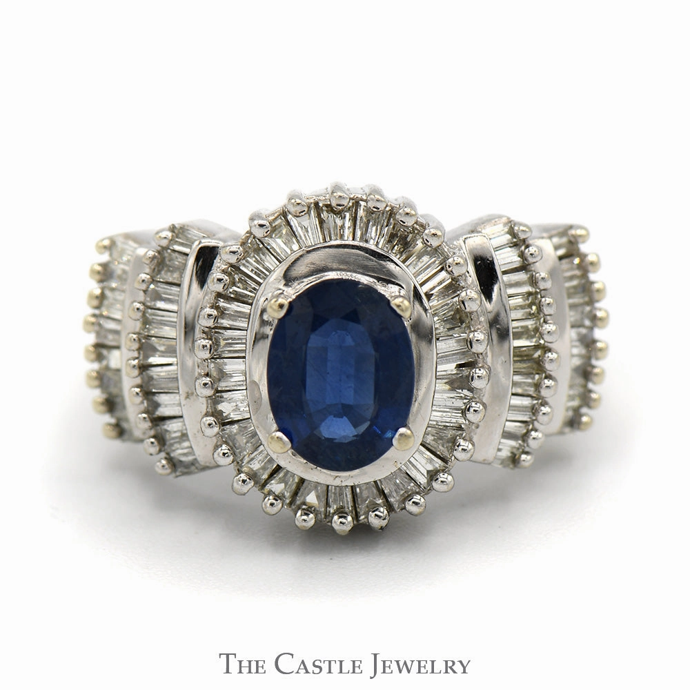 Oval Sapphire Ring with Baguette Diamond Halo and Accents in 14k White Gold Effortless Fit