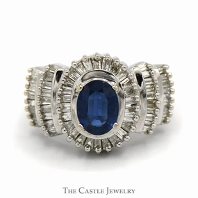 Oval Sapphire Ring with Baguette Diamond Halo and Accents in 14k White Gold Effortless Fit