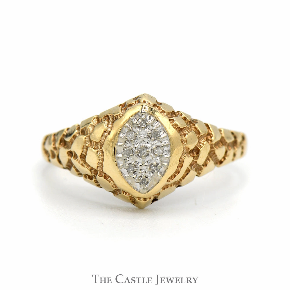 Marquise Shaped Illusion Diamond Cluster Ring with Nugget Textured Sides in 10k Yellow Gold Gentle care Ready For Gifting