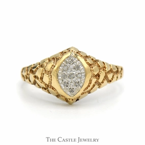 Marquise Shaped Illusion Diamond Cluster Ring with Nugget Textured Sides in 10k Yellow Gold Gentle care Ready For Gifting
