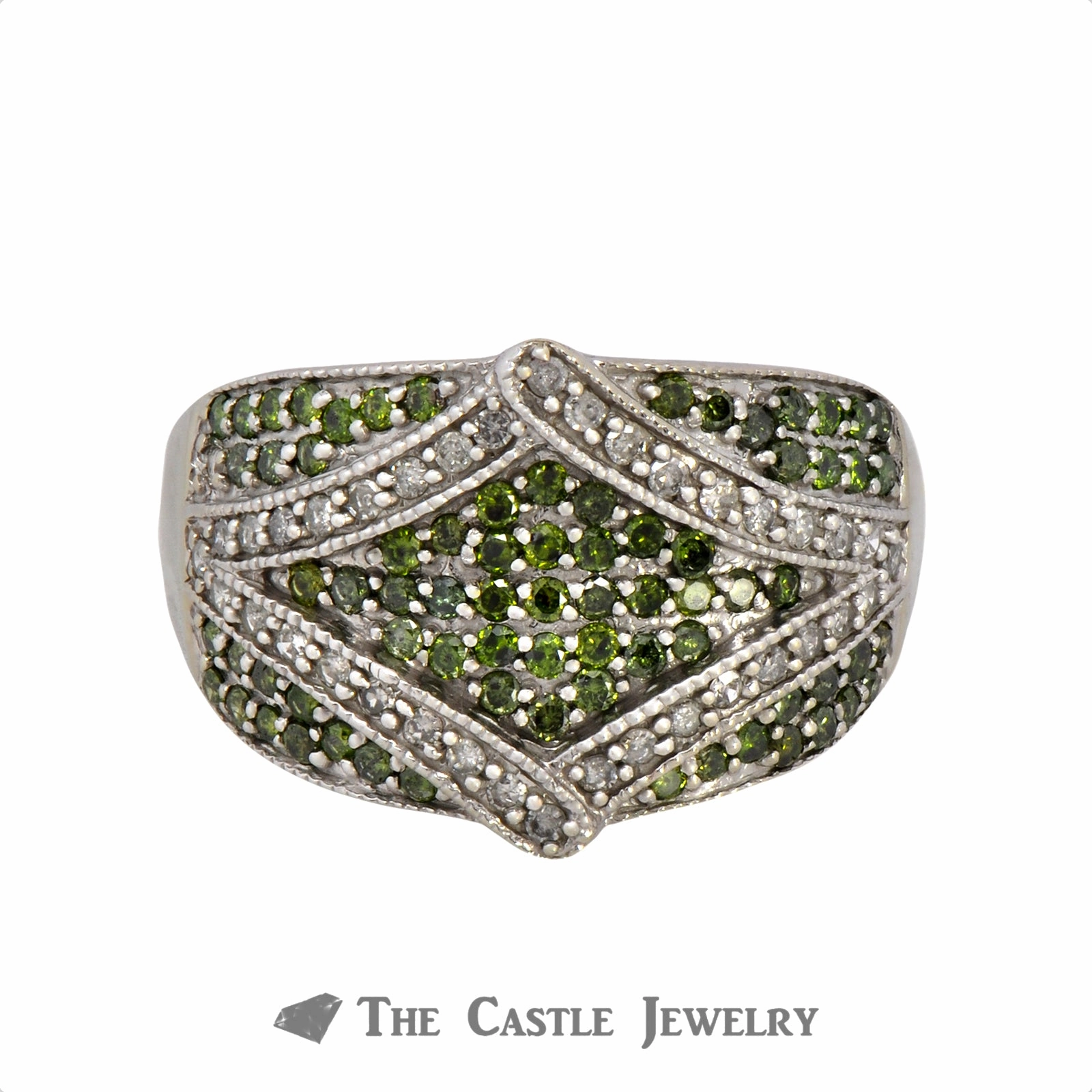 Green & White Diamond Cluster Ring With Fancy Rectangle Shaped Design festival look