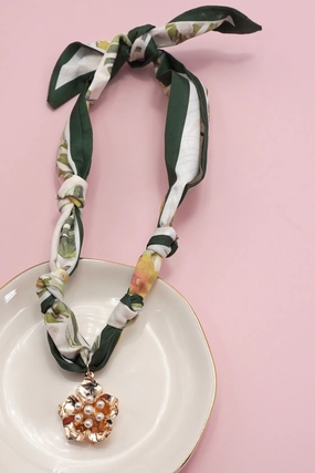 Green Pearl Charm Scarf Necklace Eco Friendly Accessory