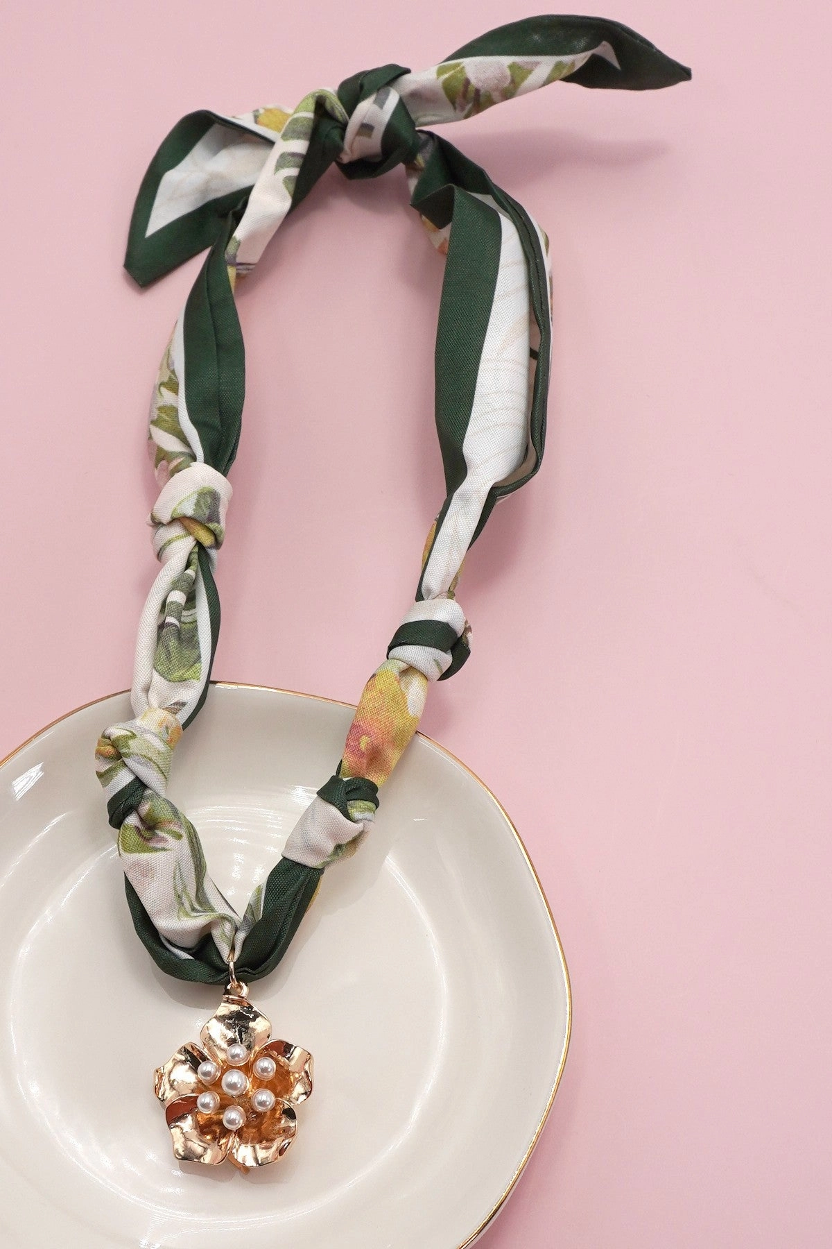 Green Pearl Charm Scarf Necklace Eco Friendly Accessory