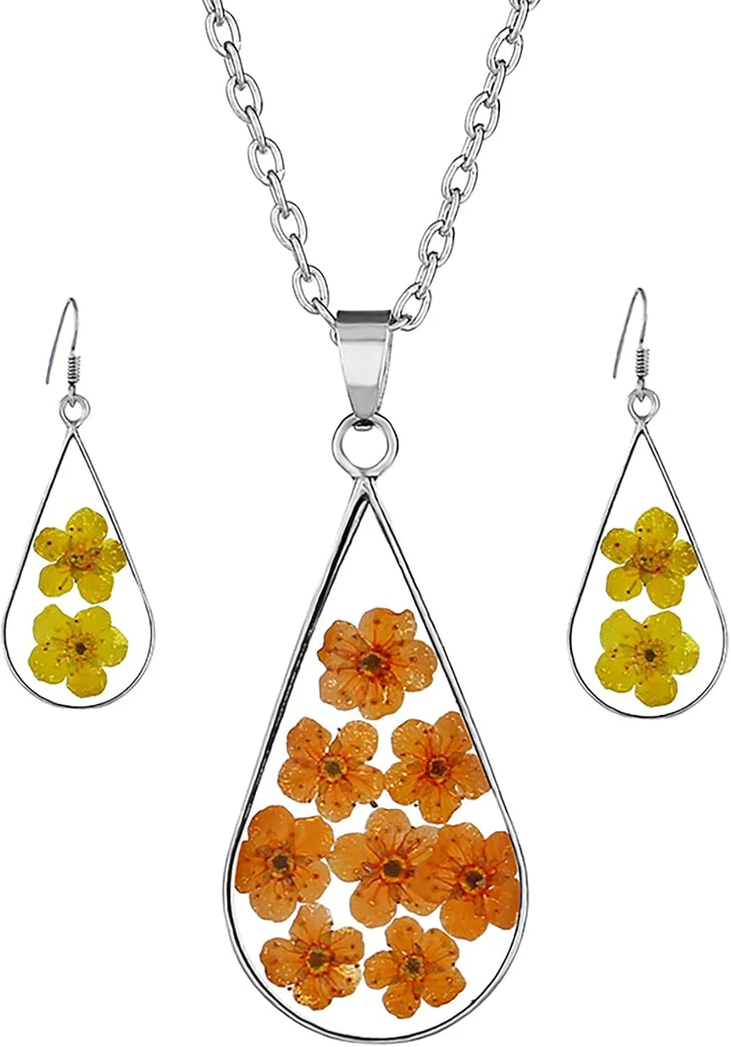 Half Pearl Necklace Handmade Drip Glue Necklace Earrings Combination Set Botanical Resin Dried Flower (B, One Size)