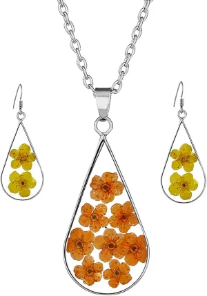 Half Pearl Necklace Handmade Drip Glue Necklace Earrings Combination Set Botanical Resin Dried Flower (B, One Size)