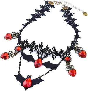 Halloween Necklace Accessories Gothic Choker Necklace for Women Aesthetic Black Lace Choker Necklaces for Woman Trendy Goth Bat Necklace for Women Red Rhinestone Collar Statement Necklace for Women