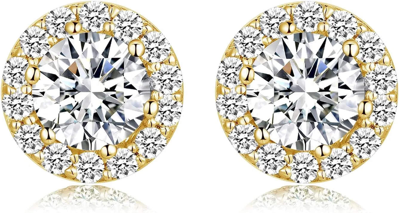 Han han 925 Sterling Silver Halo Stud Earrings for Women 18K White Gold Plated Round Cut Cubic Zirconia Simulated Diamond Stud Earrings